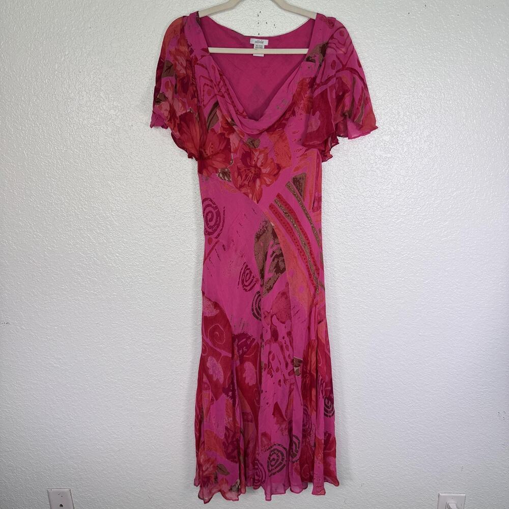 Olivia Y2K Dress Womens Small Floral Beaded Cowl Neck Flutter Sleeve Sundress